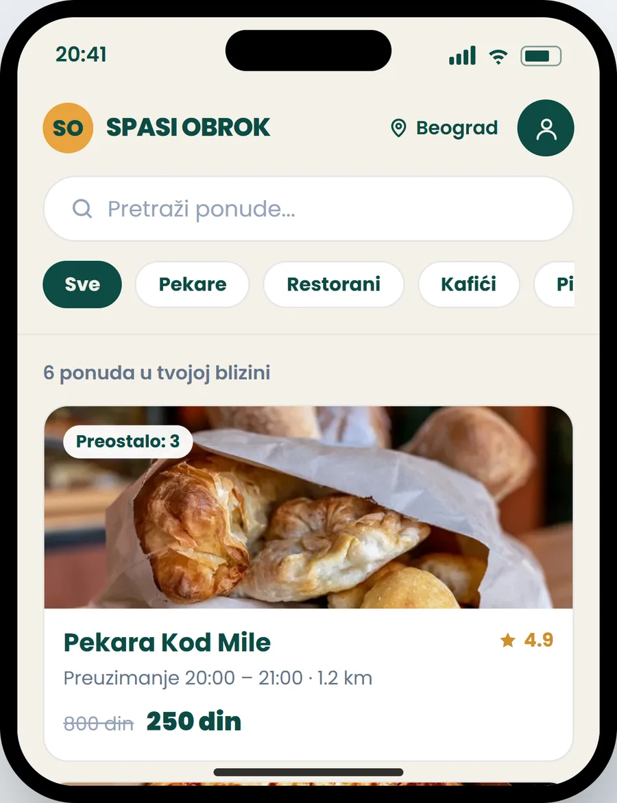 Ekran aplikacije Spasi Obrok sa listom dostupnih ponuda u blizini