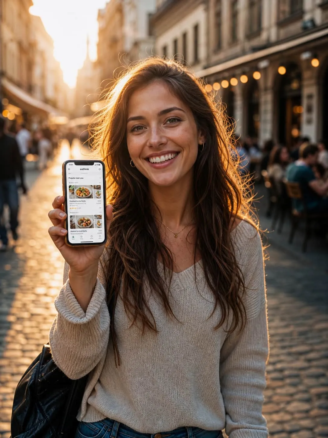 Nasmejana devojka na ulici drži telefon sa prikazom ponuda u Spasi Obrok aplikaciji