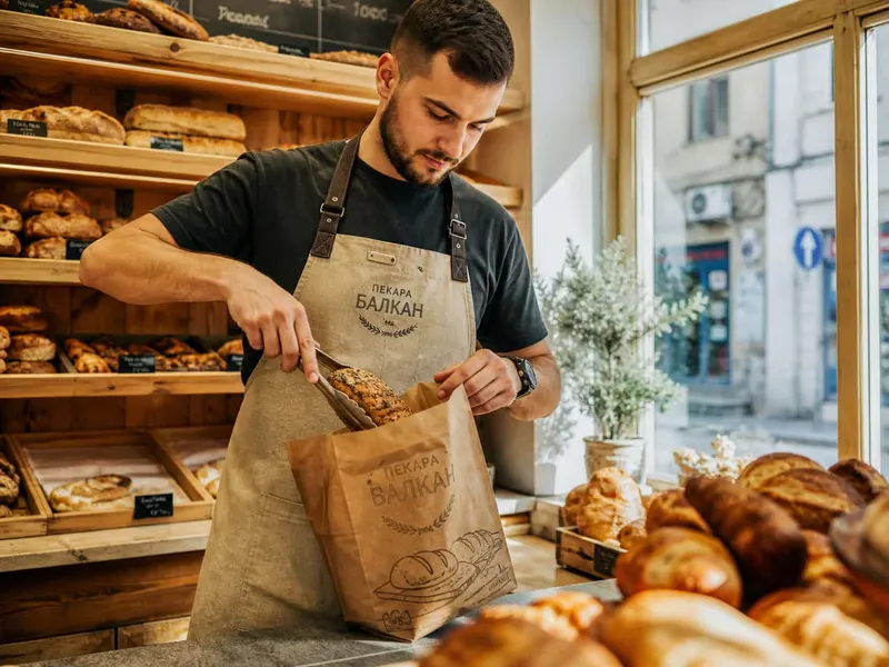 Pekar pakuje svežu hranu u papirnu kesu za Spasi Obrok porudžbinu